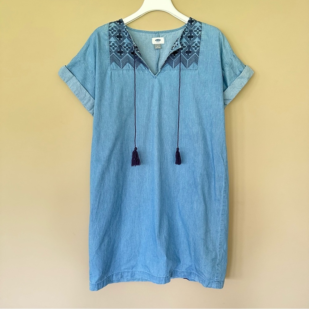 Boho Tunic Dress Embroidered Denim Hippie Blue Old Navy Women’s M Casual Comfy - Picture 1 of 8